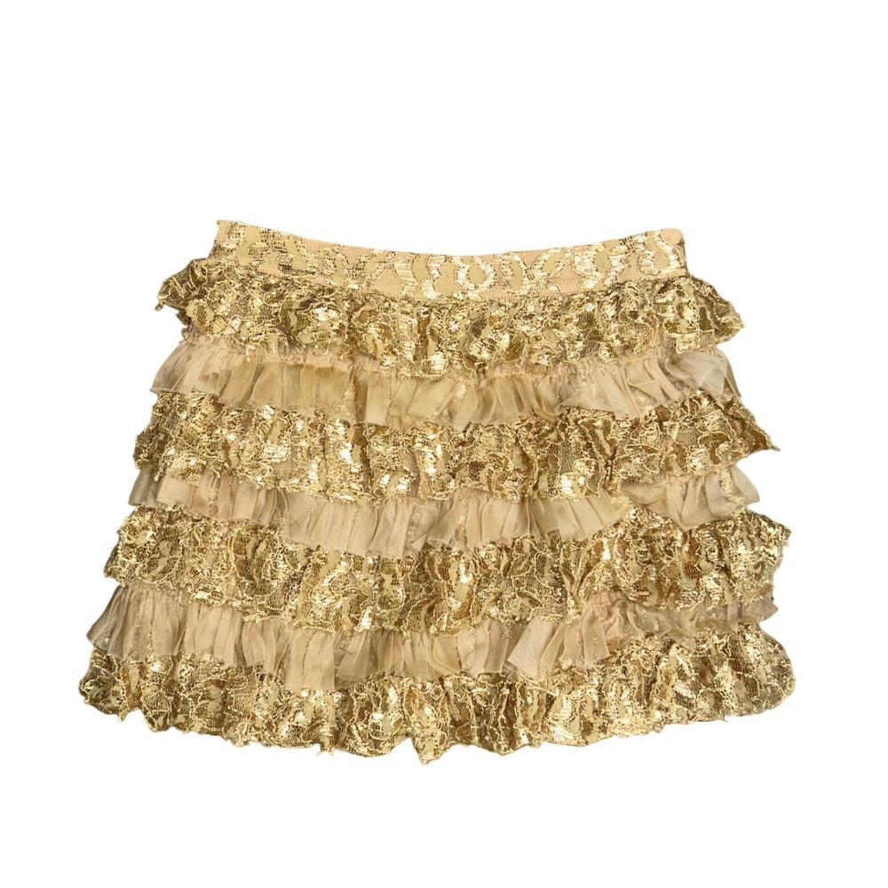 Alice +‎ Olivia Gold Metallic Lace Tiered Ruffle Mini Skirt 8 party goingout